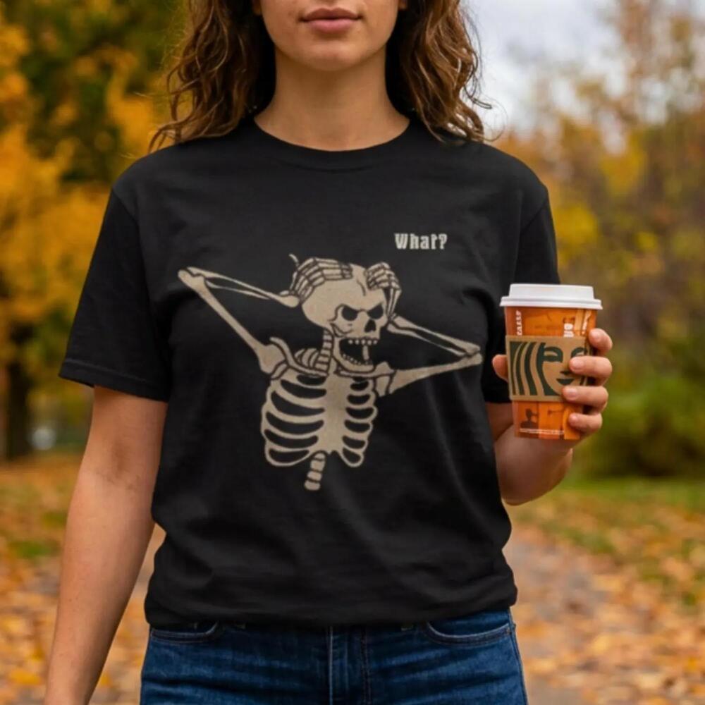 Confused Skeleton Spooky T-Shirt Retro Graphic Tee S Funny Meme Shirt